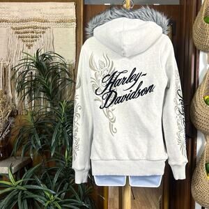 Vintage Harley Davidson Fur Trim Zip Hoodie M Gray Felted Logo Y2K Tattoo Style